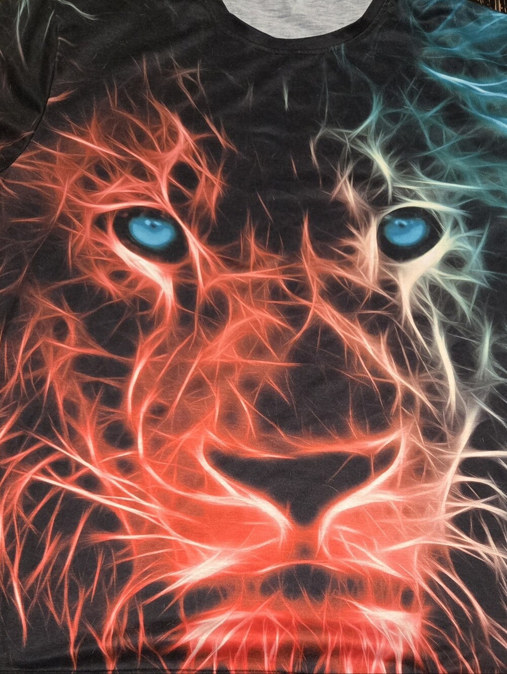Neon Lion Graphic Tee with Electric Blue Eyes